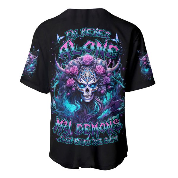 Rose Skull Baseball Jersey I'm Never Alone My Demons Are With Me Jezsport.com