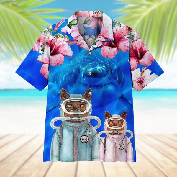 3D Scuba Diving Cats With Shark Behind Hawaii Shirt, Summer Shirt For Men and Women Jezsport.com