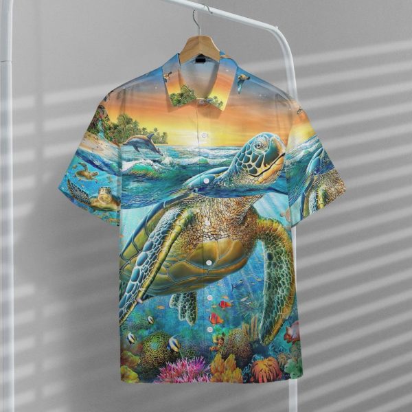 3D Sunrise Sea Turtle Swimming Among Coral Reefs Hawaii Shirt, Summer Shirt For Men and Women Jezsport.com