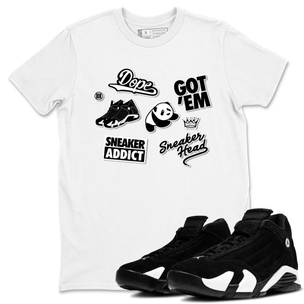 Sneakerhead Sticker Sneaker Tee - Casual Unisex Cotton Sneaker T-Shirt To Match 14s Black White Jezsport.com