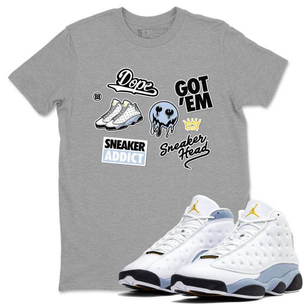 Sneakerhead Sticker Sneaker Tee - Casual Unisex Cotton Sneaker T-Shirt To Match 13s Blue Grey Jezsport.com