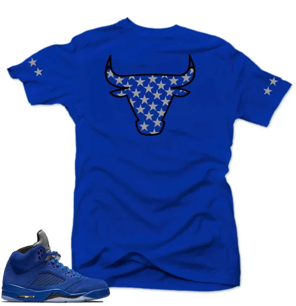 Shirt to match Air Jordan Retro 5 Blue Suede Sneakers.Bull 5 Royal tee Jezsport.com