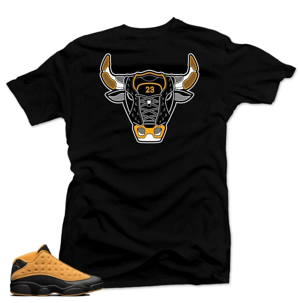 Shirt to match Air Jordan Retro 13 Chutney Sneakers. Bull 13 Black Tee Jezsport.com