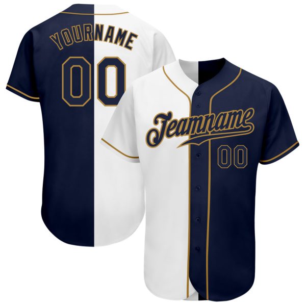 Custom Black Jersey, Personalized Black Baseball Jersey, Custom Baseball Jersey, Custom White Navy-Old Gold Authentic Split Fashion Baseball Jersey Jezsport.com