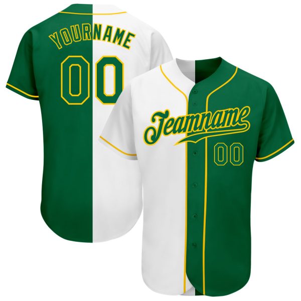 Custom Black Jersey, Personalized Black Baseball Jersey, Custom White Kelly Green-Gold Authentic Split Fashion Baseball Jersey Jezsport.com