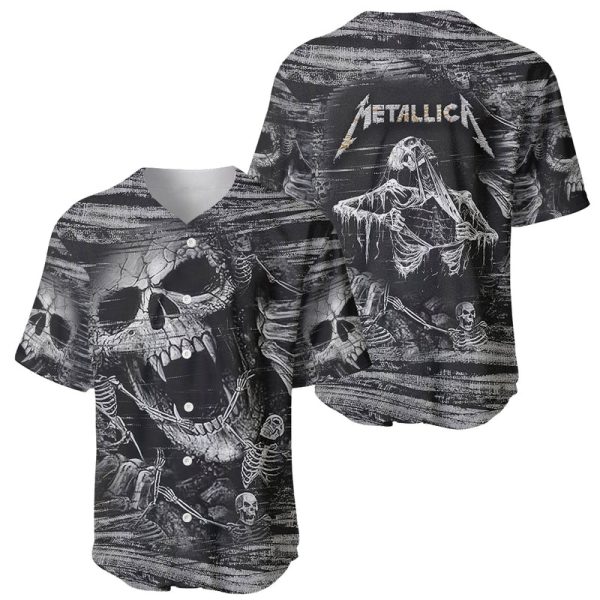 Black and White Metallica Skull Baseball Jersey For Men and Women Jezsport.com