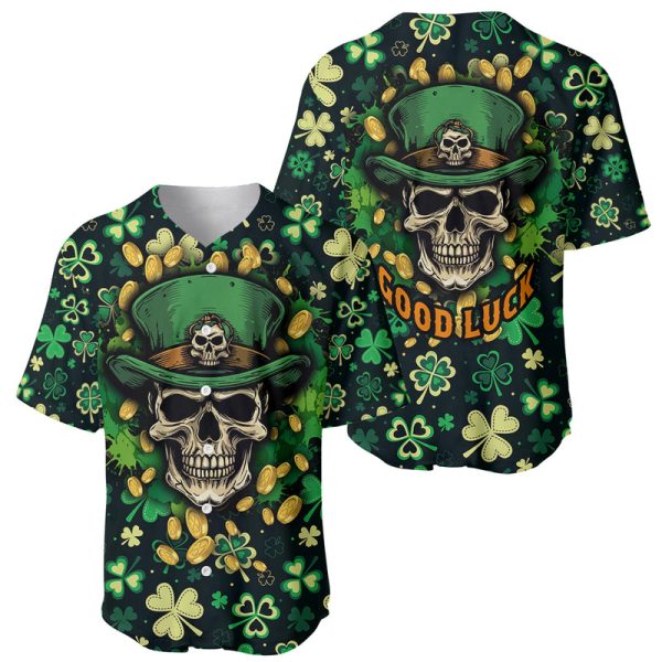 Skull and Shamrock Leaf Pattern Baseball Jersey Good Luck For Men and Women Jezsport.com