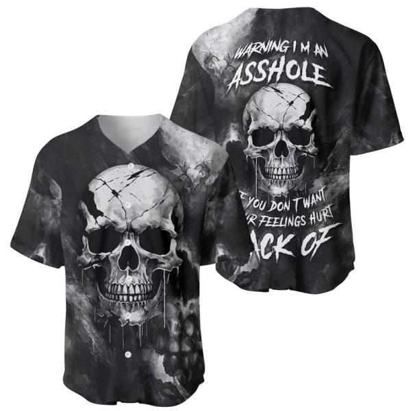 Skull Grunge Pattern Baseball Jersey Warning I'm an Asshole For Men and Women Jezsport.com