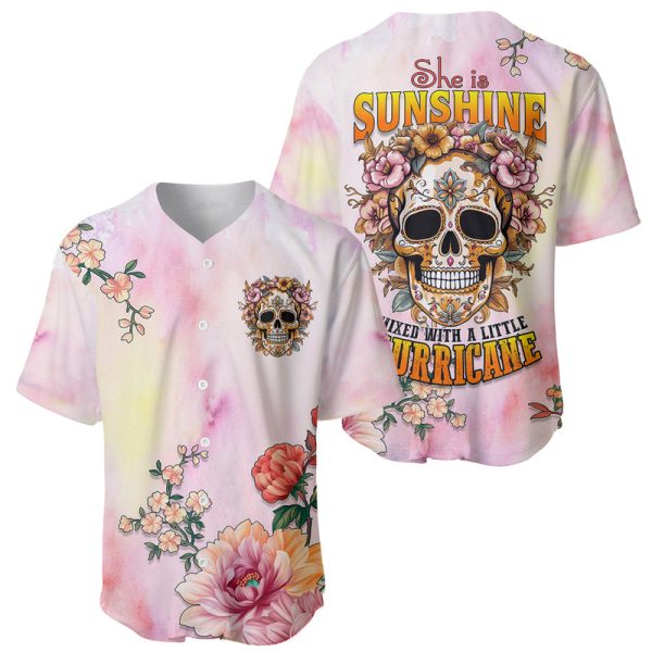 Flower Skull Baseball Jersey She Is Sunshine Mixed With A Little Hurricane For Men and Women Jezsport.com