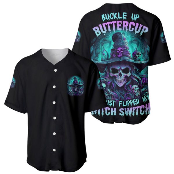 Buckle Up Buttercup Skull Witch Halloween Baseball Jersey For Men and Women Jezsport.com