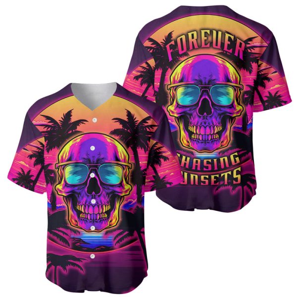 Foreuer Chasing Sunsets Skull Baseball Jersey For Men and Women Jezsport.com