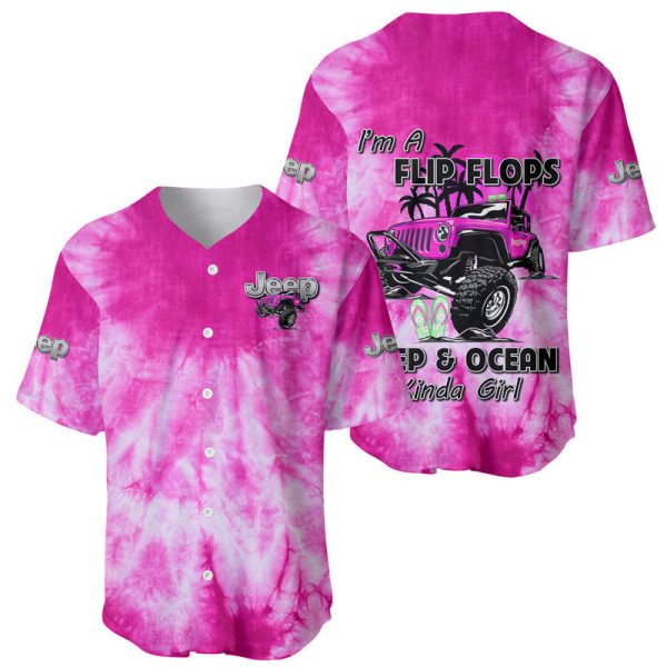 Pink Jeep Tie Dye Baseball Jersey Im A Flip Flops Jeep And Ocean Kinda Girl For Men and Women Jezsport.com