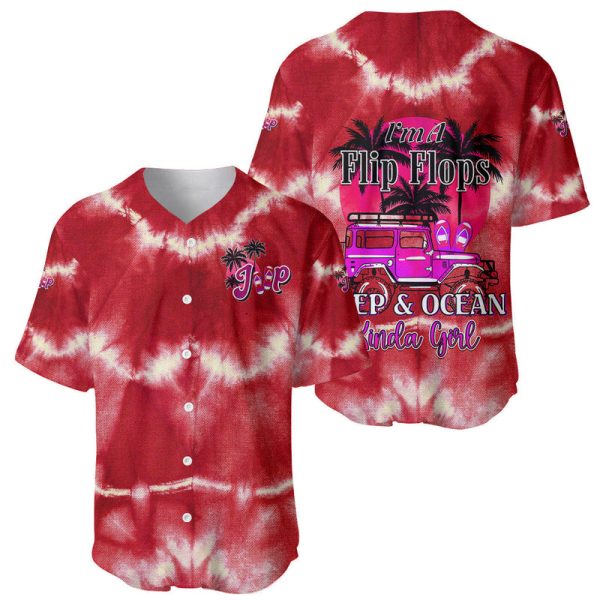 Red Jeep Tie Dye Baseball Jersey Im A Flip Flops Jeep And Ocean Kinda Girl For Men and Women Jezsport.com