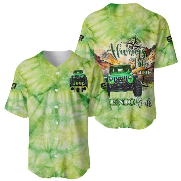 Green Jeep Tie Dye Baseball Jersey Always Take The Scenic Route For Men and Women Jezsport.com