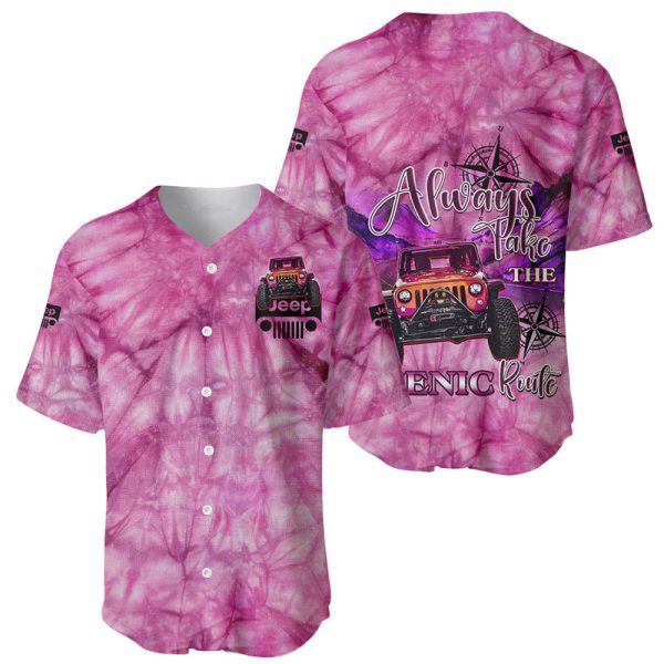 Pink Jeep Tie Dye Baseball Jersey Always Take The Scenic Route For Men and Women Jezsport.com