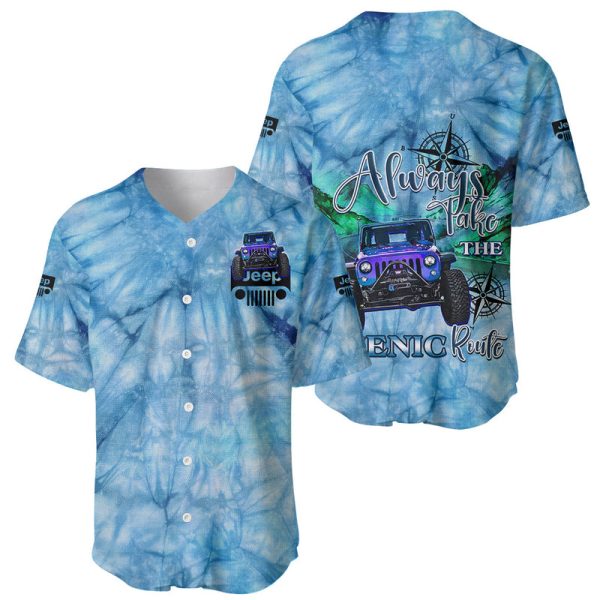 Blue Jeep Tie Dye Baseball Jersey Always Take The Scenic Route For Men and Women Jezsport.com