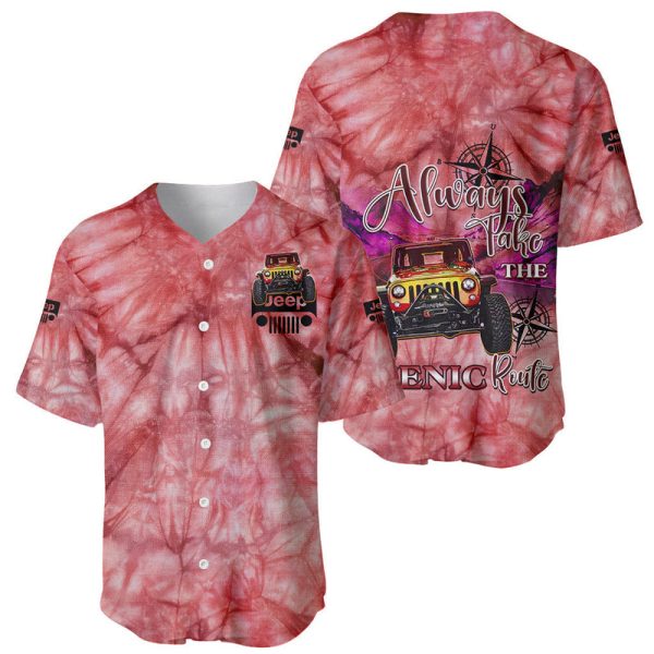 Red Jeep Tie Dye Baseball Jersey Always Take The Scenic Route For Men and Women Jezsport.com