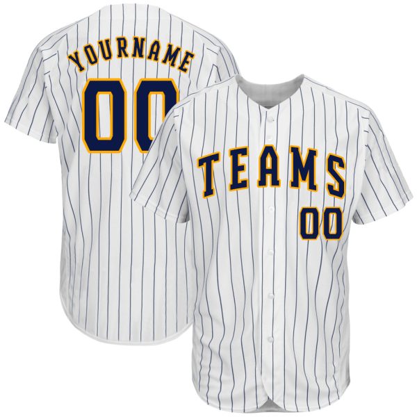 Custom Black Jersey, Personalized Black Baseball Jersey, Custom Baseball Jersey, Custom White Navy Pinstripe Navy-Gold Authentic Baseball Jersey Jezsport.com