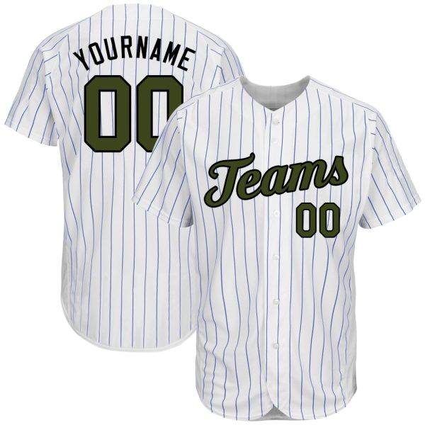 Custom Black Jersey, Personalized Black Baseball Jersey, Custom White Royal Pinstripe Olive-Black Authentic Memorial Day Baseball Jersey Jezsport.com