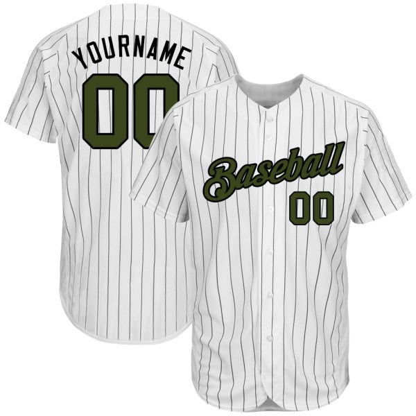 Custom Black Jersey, Personalized Black Baseball Jersey, Custom White Black Pinstripe Olive-Black Authentic Memorial Day Baseball Jersey Jezsport.com