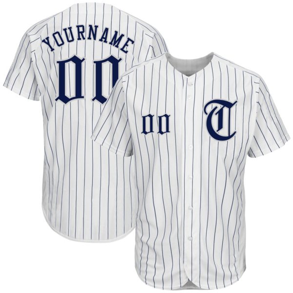 Custom Black Jersey, Personalized Black Baseball Jersey, Custom White Navy Pinstripe Navy-Gray Authentic Baseball Jersey Jezsport.com