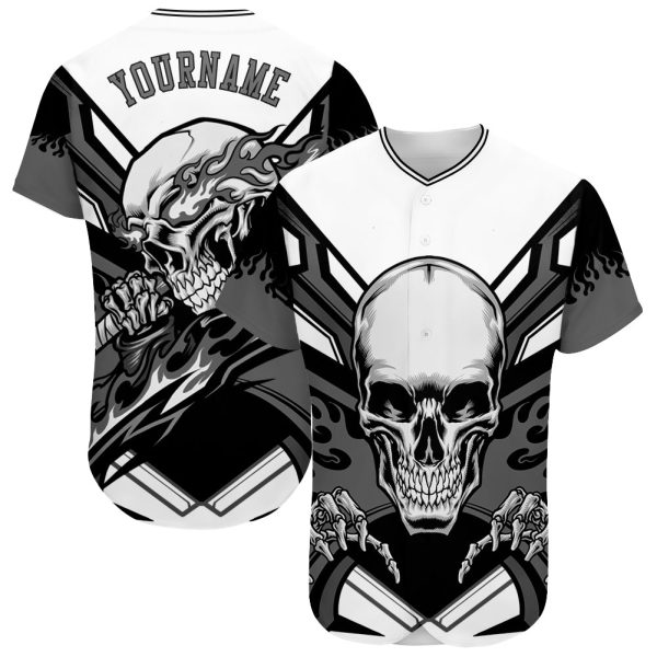 Custom Black Jersey, Personalized Black Baseball Jersey, Custom Baseball Jersey, Custom White Gray-Black 3D Skull Authentic Baseball Jersey Jezsport.com