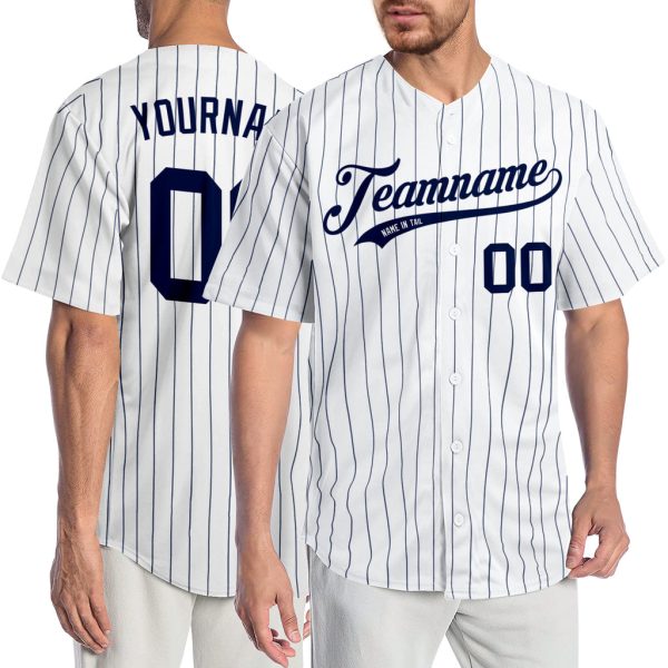 Custom Black Jersey, Personalized Black Baseball Jersey, Custom Baseball Jersey, Custom White Navy Pinstripe Navy Authentic Baseball Jersey Jezsport.com