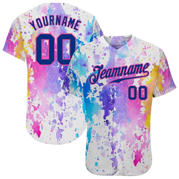 Custom Black Jersey, Personalized Black Baseball Jersey, Custom White Royal-Pink 3D Pattern Design Watercolor Authentic Baseball Jersey Jezsport.com