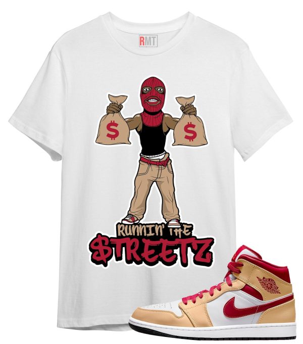 Shirt For Jordan 1 Mid Light Curry Cardinal Red Beige Runnin' The Streetz Tee Match GS Beige Red Jezsport.com