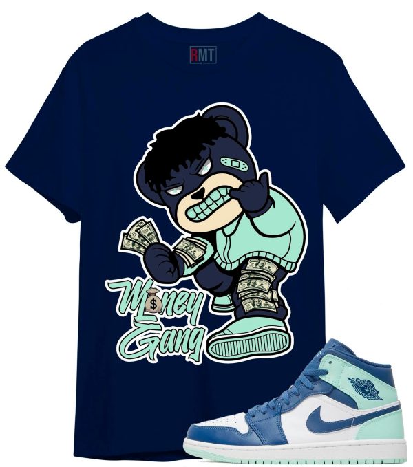 Jordan 1 Mid Mystic Blue Mint Foam Shirt Money gang Tee Match Mint Foam Jezsport.com