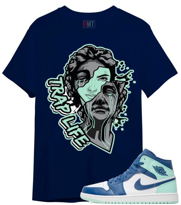 Jordan 1 Mid Mystic Navy Mint Foam Shirt | Trap Life Tee Match Mint Foam Jezsport.com