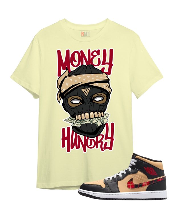 Jordan 1 Mid Tartan Swoosh Shirt Money Hungry Tee Matching Retro 1 Brown Plaid Red Color Jezsport.com