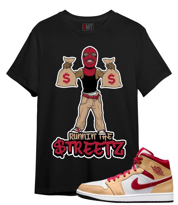 Shirt For Jordan 1 Mid Light Curry Cardinal Red Beige Runnin' The Streetz Tee Match GS Beige Red Jezsport.com