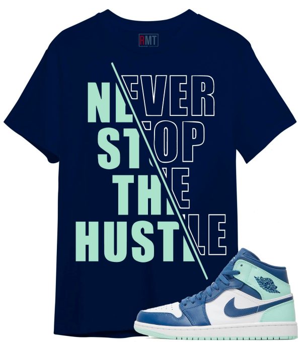 Jordan 1 Mid Mystic Navy Mint Foam Shirt Hustle Tee Match Mint Foam Jezsport.com