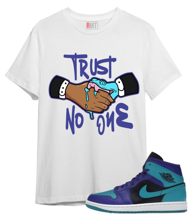 Jordan 1 Mid Black Grape Shirt Trust No One Tee Matching Jordan 1 Mid Black Grape Dark Concord Emerald Jezsport.com