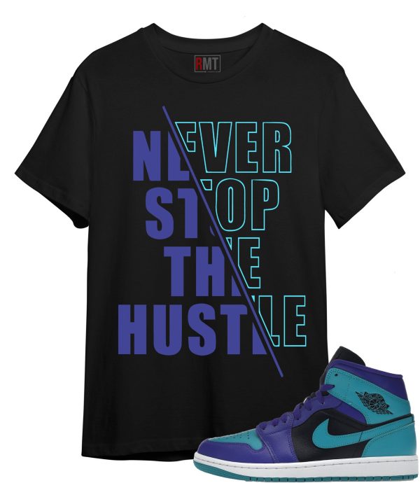 Jordan 1 Mid Black Grape Shirt Hustle Tee Matching Jordan 1 Mid Black Grape Dark Concord Emerald Jezsport.com