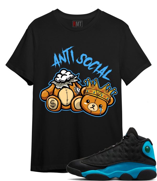 Jordan 13 Black University Blue Shirts, Anti Social Shirt Matching Jordan 13 UNC Jezsport.com