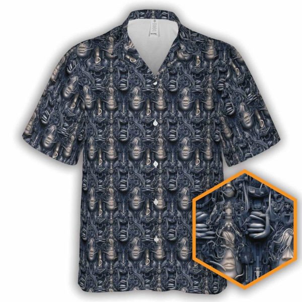 Giger Hall of Faces Sci-fi Button-Up Hawaiian Shirt, Summer Shirt For Men and Women Jezsport.com