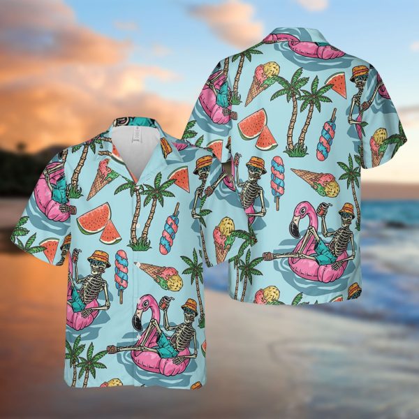 Tourist Skeleton On Inflatable Flamingo Summer Trip Hawaiian Shirt, Summer Shirt For Men and Women Jezsport.com