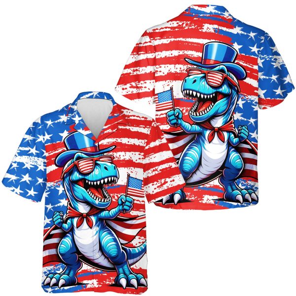 Dinosaur American Flag Hawaiian Shirt, Summer For Men and Women Jezsport.com