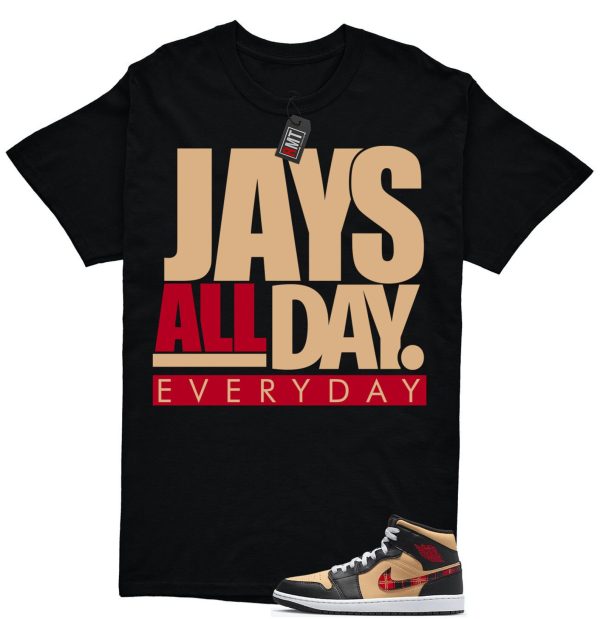 Jordan 1 Mid Tartan Swoosh Shirt, Jays all day Tee Matching Retro 1 Brown Plaid Red Color Jezsport.com