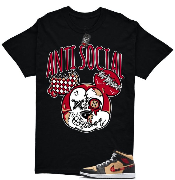 Jordan 1 Mid Tartan Swoosh Shirt, Anti Social Tee Matching Retro 1 Brown Plaid Red Color Jezsport.com