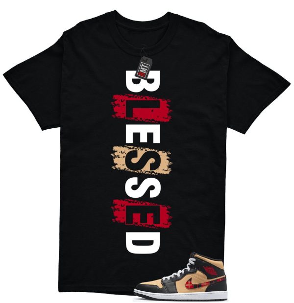 Jordan 1 Mid Tartan Swoosh Shirt, Blessed Tee Matching Retro 1 Brown Plaid Red Color Jezsport.com