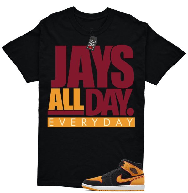 Jordan 1 Mid SE Black Vivid Orange Cardinal Red Match Shirt, Jays All Day Jezsport.com