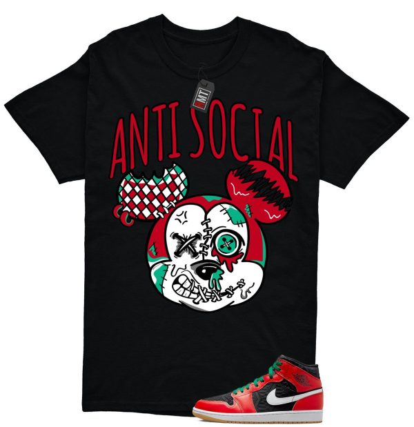 Jordan 1 Mid Christmas Black Fire Red White Malachite Match T-shirt, Anti Social Jezsport.com