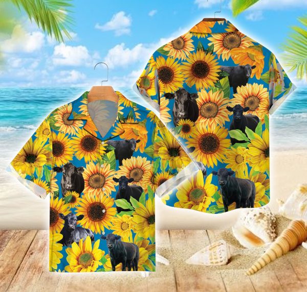 Sunflower Black Angus Hawaiian Shirt, Cow Lover Summer Hawaiian Shirt, Summer Shirt For Men and Women Jezsport.com