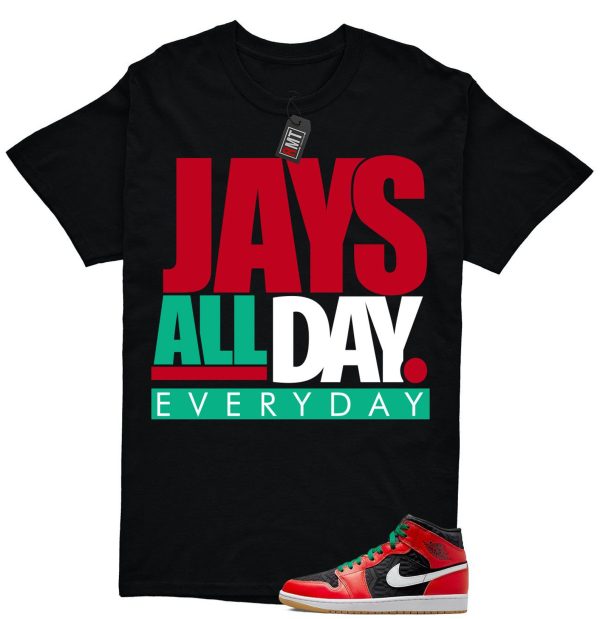 Jordan 1 Mid Christmas Black Fire Red White Malachite Match T-shirt, Jays All Day Jezsport.com