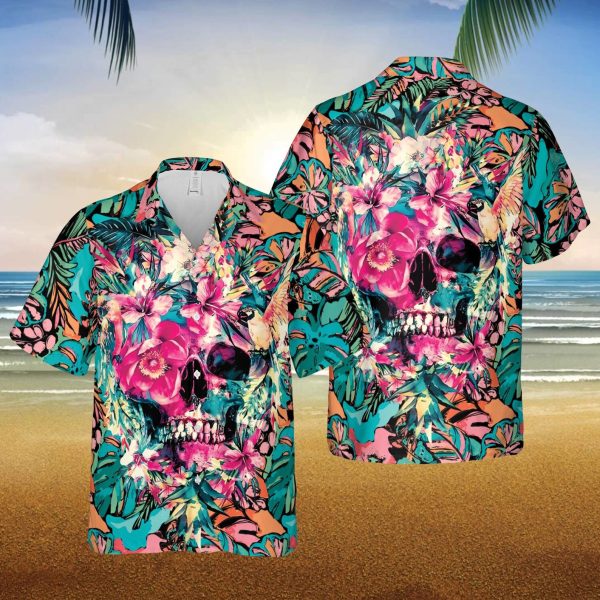 Skull Tropical Flower Hawaiian Shirt, Funny Skull Halloween Hawaiian Shirt, Summer Shirt For Men and Women Jezsport.com