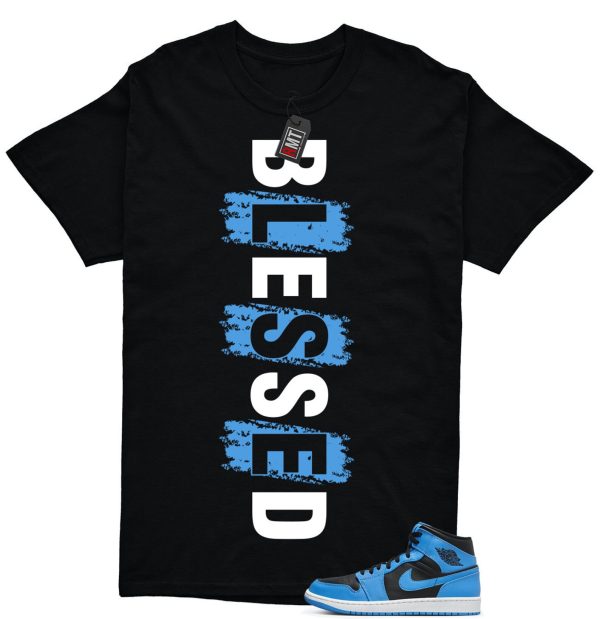 University Blue 1s Match T-shirt, Blessed Tee Matching Mid University Blue Air 1 Black White Jezsport.com