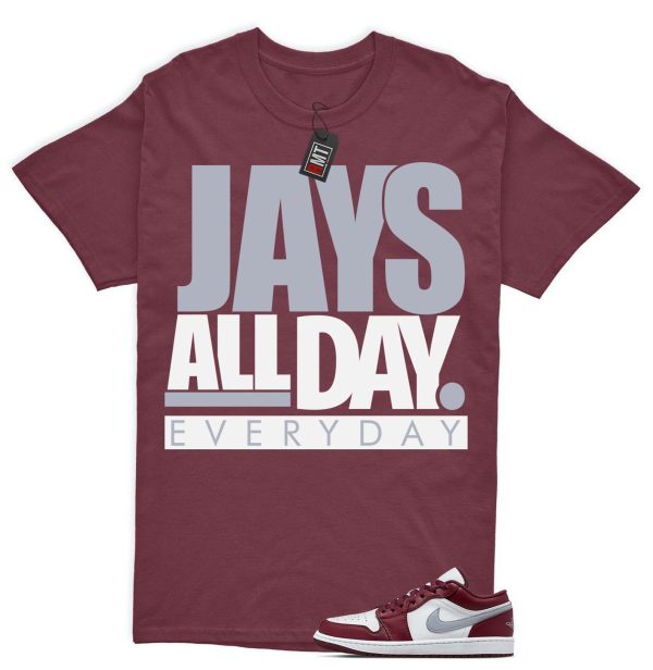 Jordan 1 Low Bordeaux Shirts, Jays All Day Tee Matching 1 Low Bordeaux Maroon Cherrywood Red White Cement Grey Jezsport.com